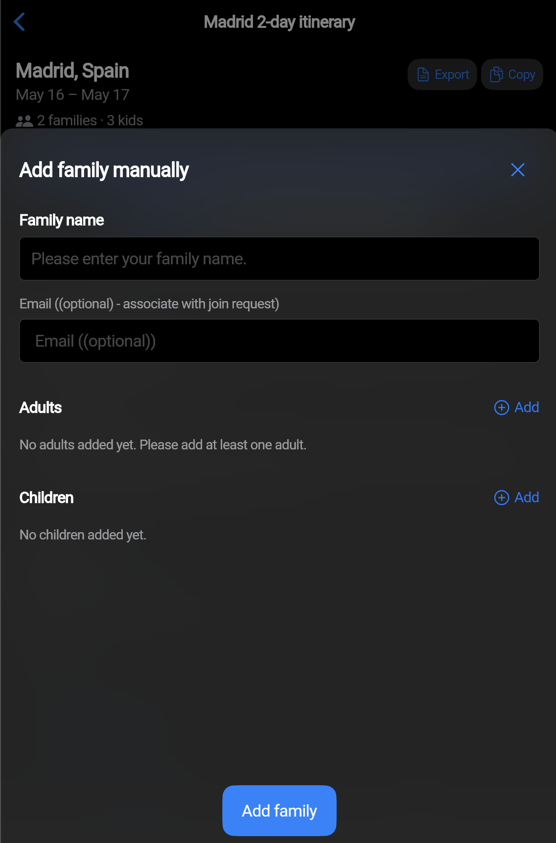 Screenshot of the FamilyTrips.app dashboard showing how to invite families and track multi-family RSVPs.