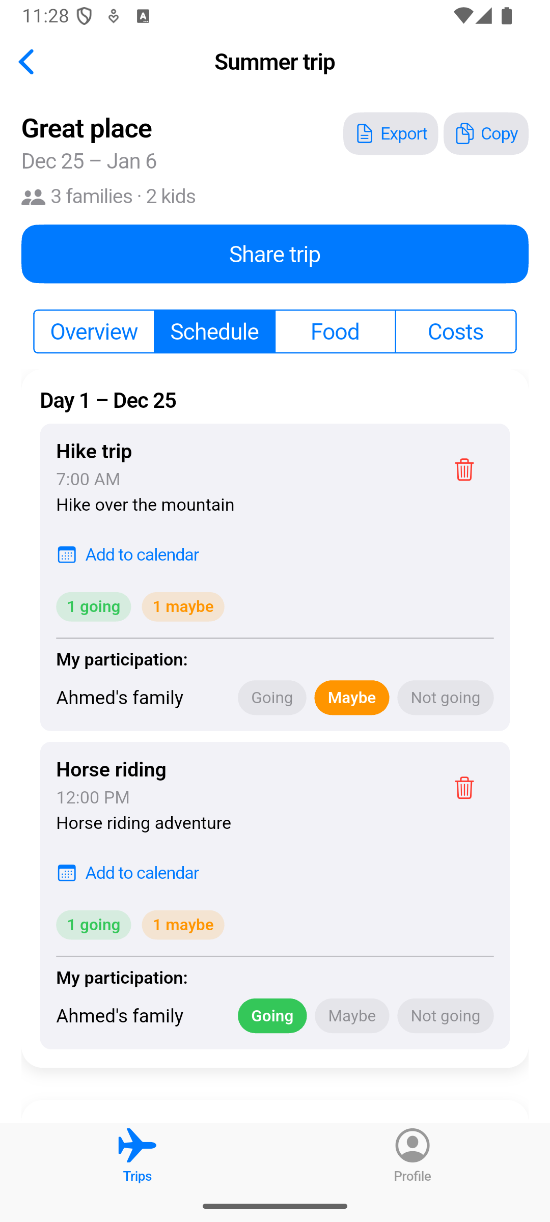 A mobile screenshot of the FamilyTrips.app RSVP screen, showing color-coded status badges (Confirmed, Pending, Declined) and logistics tracking for different families.