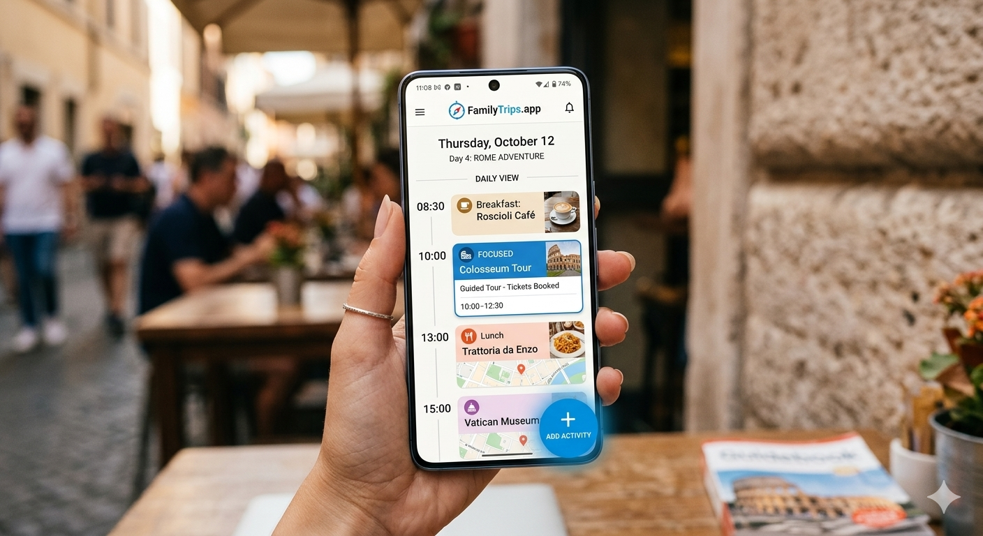 A stylized close-up of a hand holding a modern smartphone, displaying the focused 'Daily View' within the FamilyTrips.app timeline and a floating 'Add Activity' button.